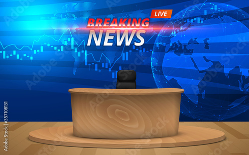 wooden table and breaking news on  lcds background in the news studio room	