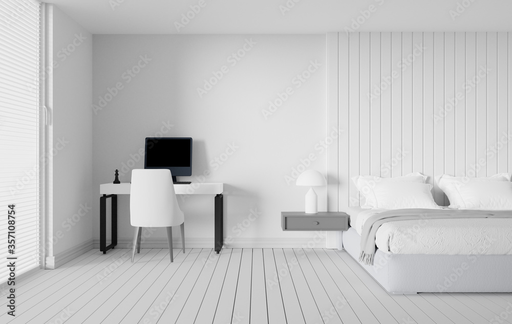 minimal bedroom and workspace interior 3d render white room style