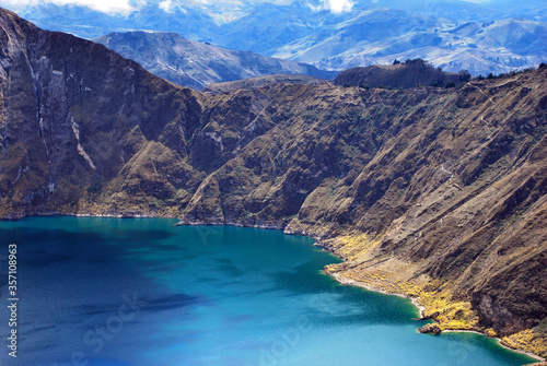 View of Quilotoa a water-filled caldera and the most western volcano in the Ecuadorian Andes.