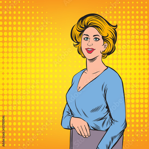 The gentle smile of a young woman, She holds an important document. Pop art retro illustration comic Style Vector, Separate images of people from the background.