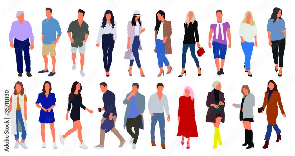 Cartoon men and women walking outdoors in the city. Flat colorful vector illustration