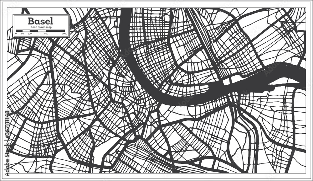 Basel Switzerland City Map in Black and White Color in Retro Style.