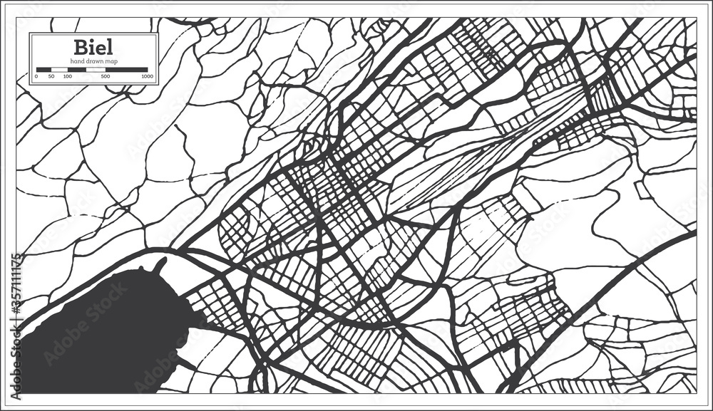 Biel Switzerland City Map in Black and White Color in Retro Style.