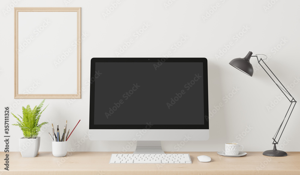 Home interior poster mock up frame and computer on the table on working space . 3D rendering. Home interior poster mock up frame and computer on the table on working space . 3D rendering.