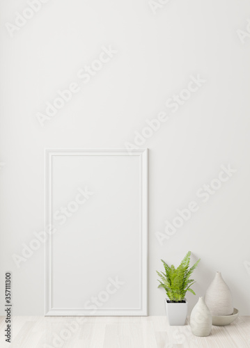 Home interior poster mock up with frame on the floor and white wall background. 3D rendering.