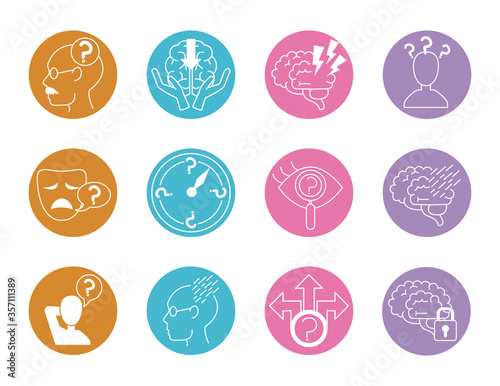 alzheimer disease, decrease in mental human ability icons set line style