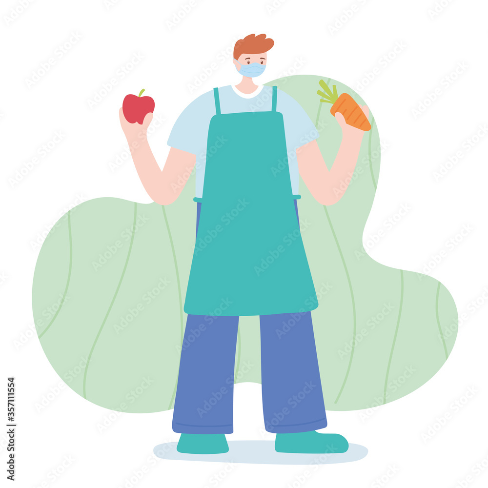 thank you essential workers concept, farmer with apple and carrot, professional character wearing face mask