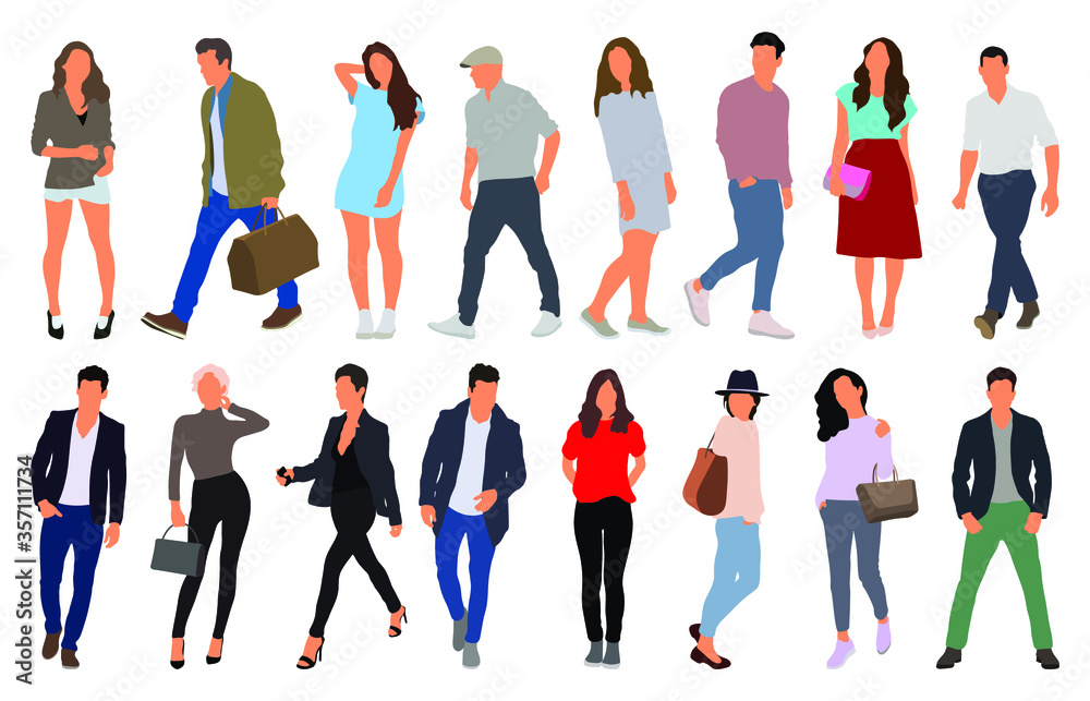 Cartoon men and women walking outdoors in the city. Flat colorful ...