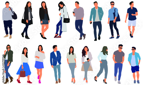 Cartoon men and women walking outdoors in the city. Flat colorful vector illustration