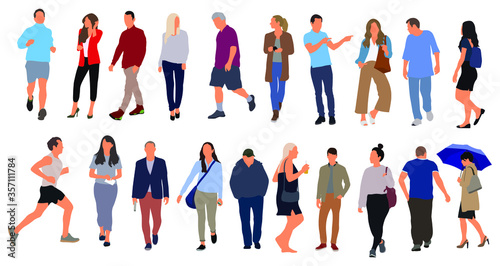 Cartoon men and women walking outdoors in the city. Flat colorful vector illustration