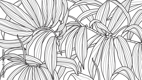 Hand drawn  leaves line arts ink drawing background, Abstract leaf vector pattern, Tropical leaves design for fabric, Wrapping paper and prints, Vector illustration.