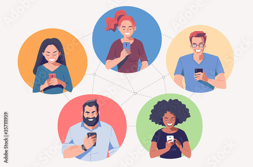 Diverse group of people with smartphones. Social networking, online communication concept. Young adults holding mobile phone in hands. Vector character illustration.