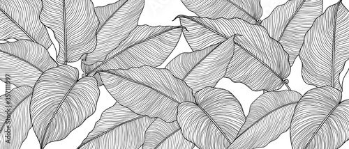 Hand drawn  leaves line arts ink drawing background, Abstract leaf vector pattern, Tropical leaves design for fabric, Wrapping paper and prints, Vector illustration.