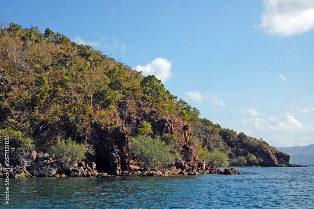 Rock formation with trees and blue water sea