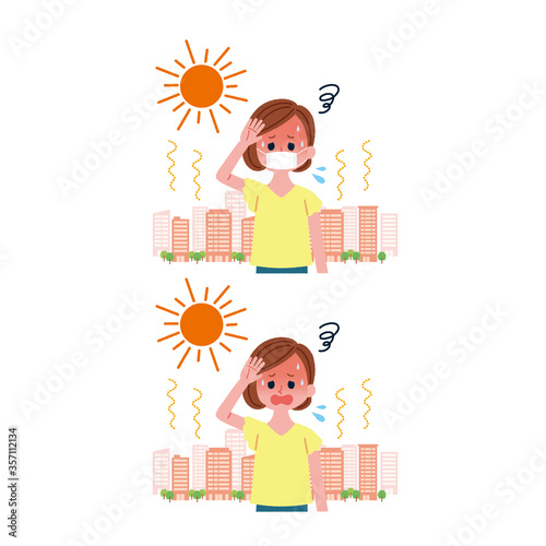 熱中症 マスクあり・なし 女性 イラスト