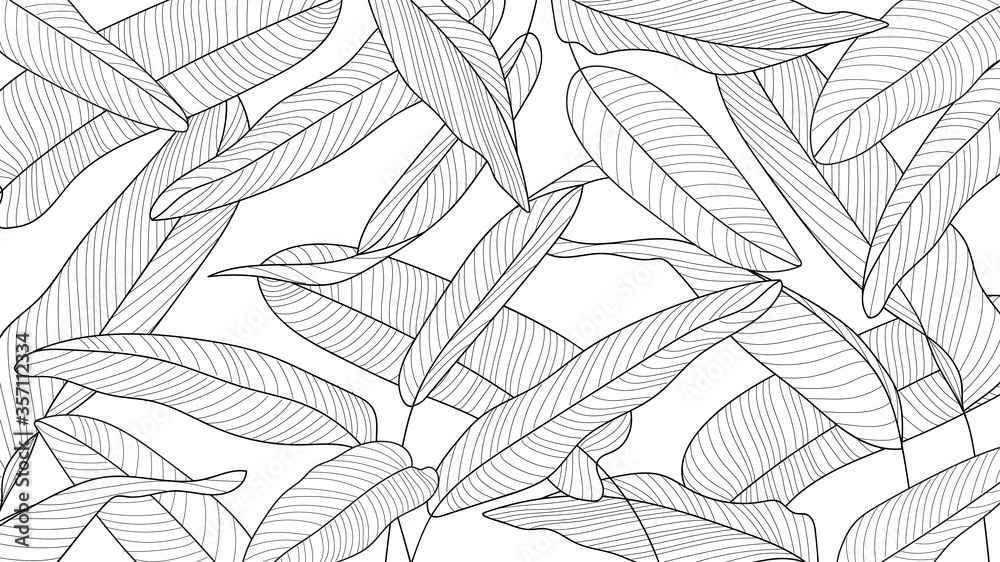 Fototapeta Hand drawn leaves line arts ink drawing background, Abstract leaf vector pattern, Tropical leaves design for fabric, Wrapping paper and prints, Vector illustration.