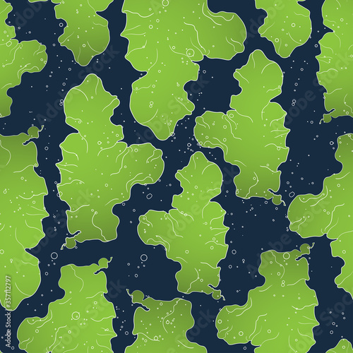 Seamless marine pattern with Ulva lactuca seaweed. Edible green algae isolated on deep blue background. Vector hand drawn illustration for print,wrapping paper,textile design.