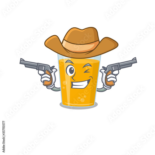 Cartoon character cowboy of glass of orange juice with guns