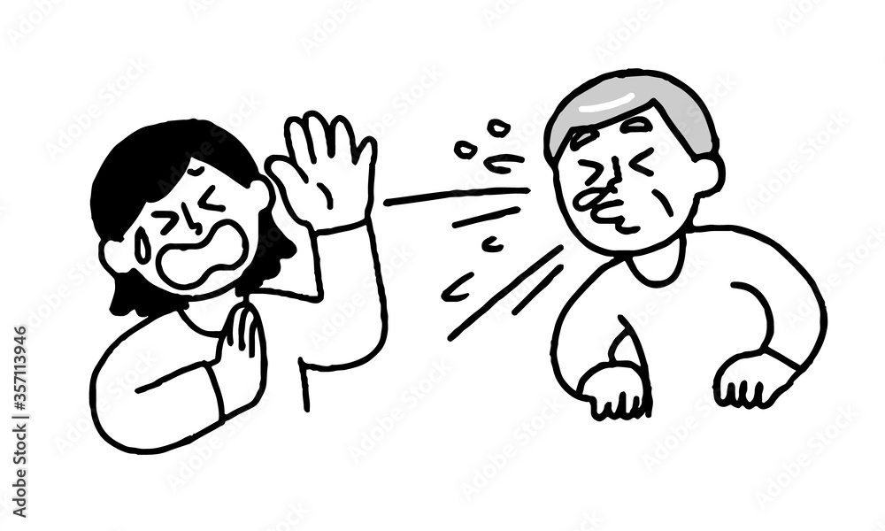 くしゃみする私服男性と嫌がる私服女性（シンプル）