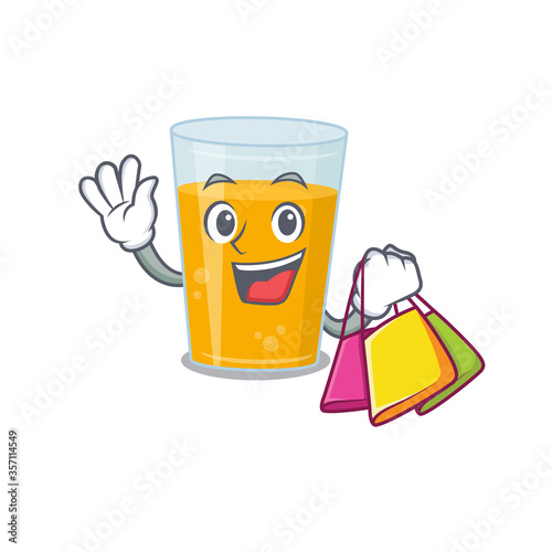 wealthy glass of orange juice cartoon character with shopping bags