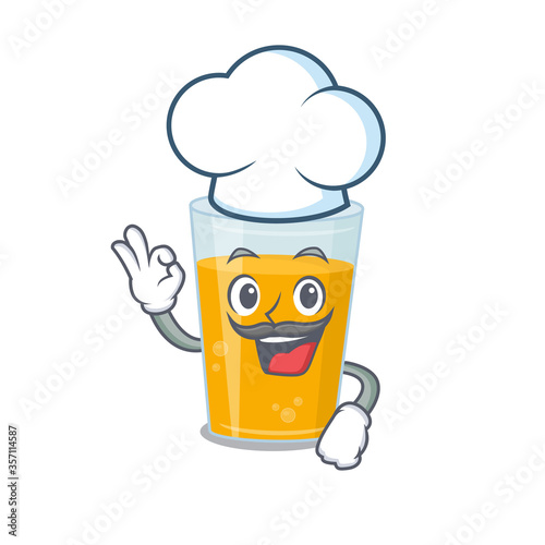 Talented glass of orange juice chef cartoon drawing wearing chef hat