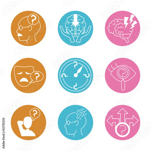 alzheimer disease, decrease in mental human ability icons set line style