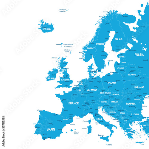 Europe vector political blue map