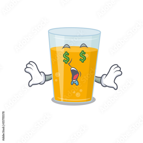 wealthy cartoon character concept of glass of orange juice with money eyes