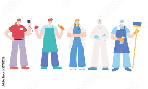 thank you essential workers, team employees cartoon character, wearing face masks, various occupations, coronavirus covid 19 disease