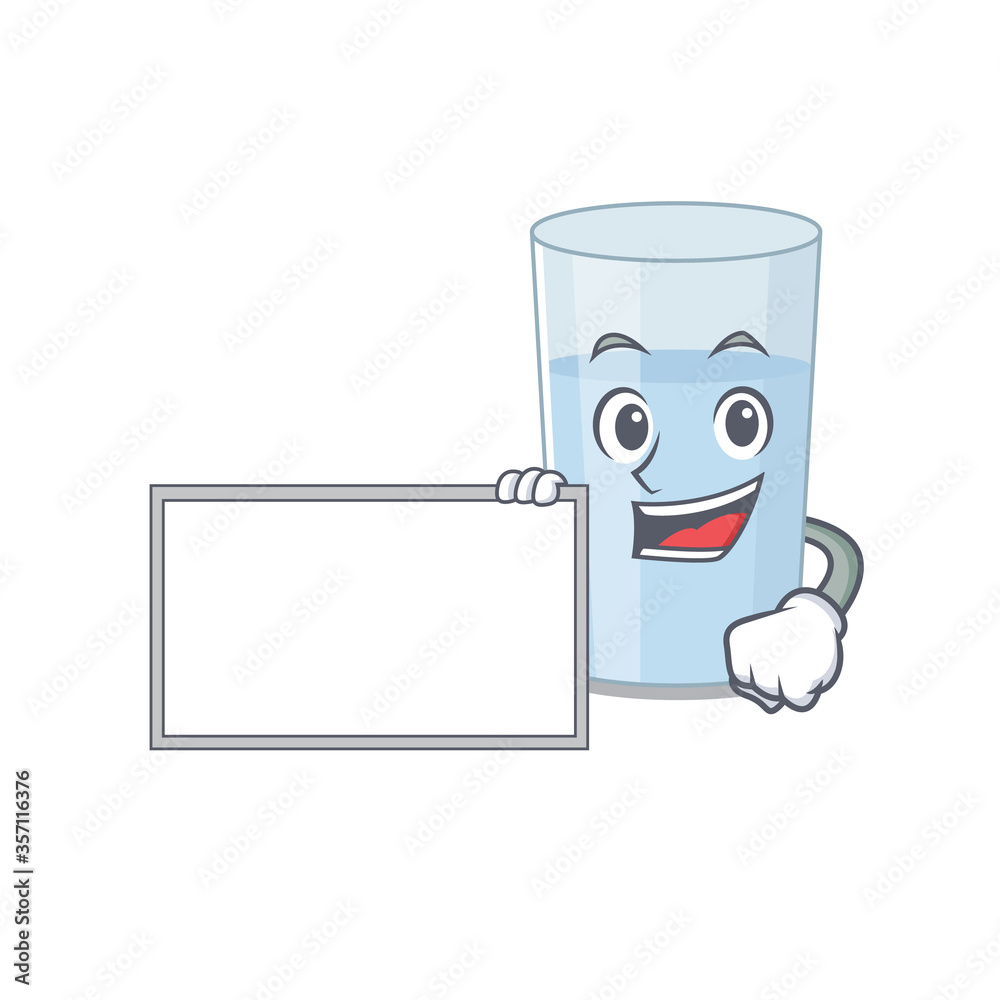 Cartoon character design of glass of water holding a board Cartoon character design of glass of water holding a board