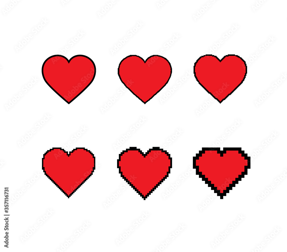 Pixelated heart icon set. low resolution. vector gaming design. Isolated illustration of hearts from pixel to stroke. Motion graphics element. Low quality graphics