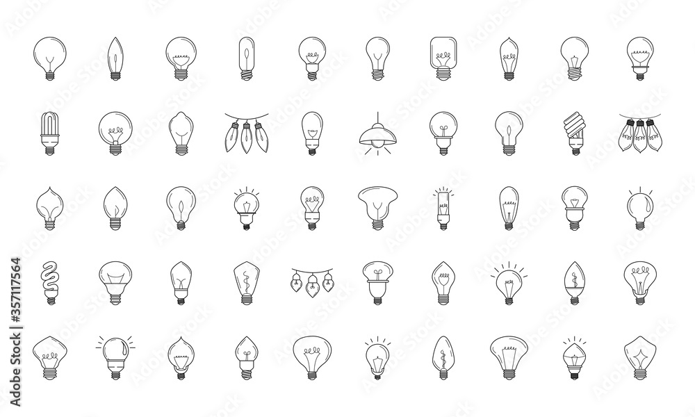 electric light bulb, eco idea metaphor, isolated line style icons set electric light bulb, eco idea metaphor, isolated line style icons set