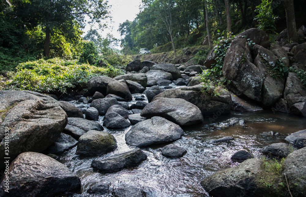 Beautiful Elephant Falls, the Three steps water falls, in Shillong, Meghalaya, East Khasi Hills, India
