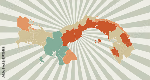 Panama map. Poster with map of the country in retro color palette. Shape of Panama with sunburst rays background. Vector illustration.