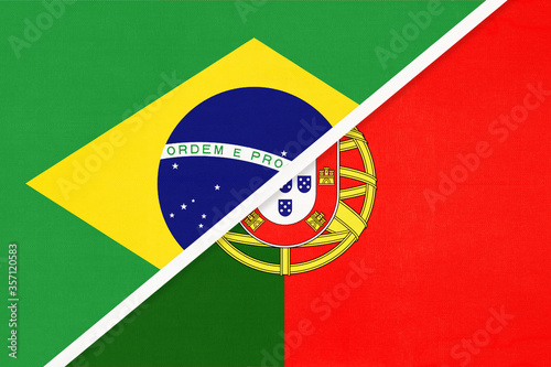 Brazil and Portugal  symbol of national flags from textile. Championship between two countries.