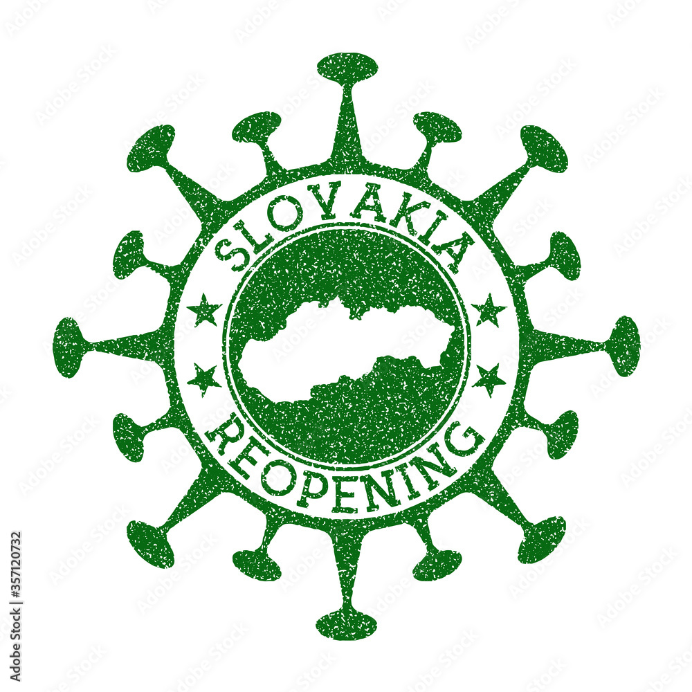 Slovakia reopening stamp. Green round badge of country with map of Slovakia. Country opening after lockdown. Vector illustration. Slovakia reopening stamp. Green round badge of country with map of Slovakia. Country opening after lockdown. Vector illustration.