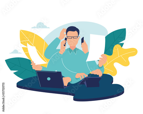 Multitasking businessman. Office worker making much work with hands writing calling reading yoga meditation vector concept character