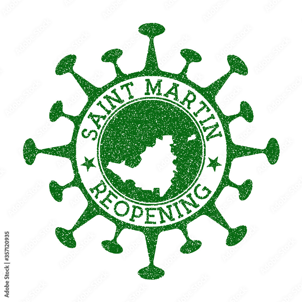 Saint Martin Reopening Stamp. Green round badge of island with map of Saint Martin . Island opening after lockdown. Vector illustration.