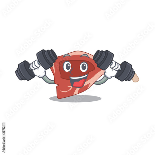 Lamb chop mascot design feels happy lift up barbells during exercise