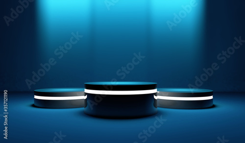 Winning podium for product, dim lighting, bluish tones
