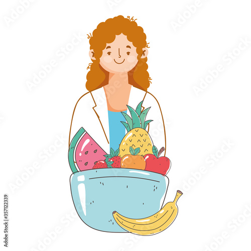 female dietitian doctor dish with fruits, fresh market organic healthy food