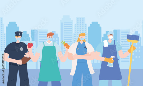 thank you essential workers, group people employees, wearing face masks, various occupations, coronavirus covid 19 disease