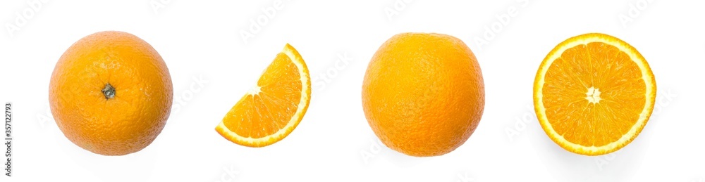 A set of sliced oranges. Close up. Isolated on a white background A set of sliced oranges. Close up. Isolated on a white background
