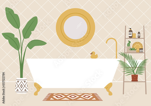 A claw foot bathtub, eco friendly boho interior, plants and skin care products, millennial lifestyle