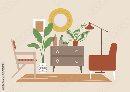 Cozy boho style living room, no people, interior design