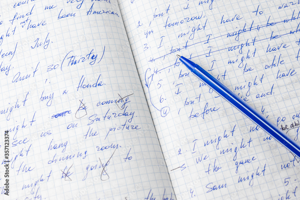 Sheets of school student notebook scribbled with a blue ballpoint pen. Sheets of school student notebook scribbled with a blue ballpoint pen.