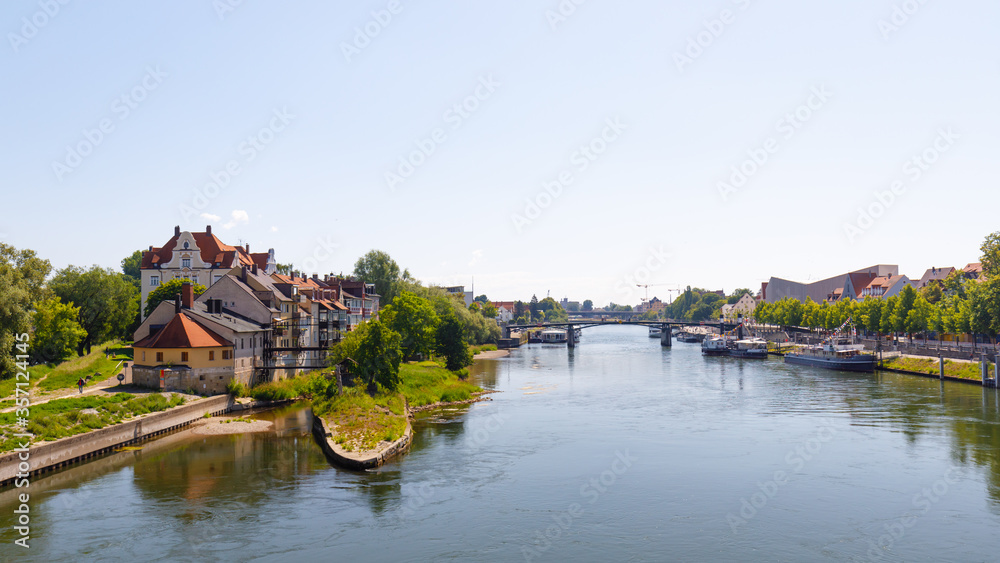 River danube iin Regensburg with historic buildings