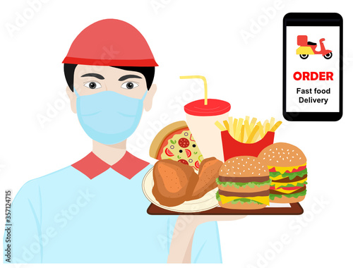 COVID-19 food delivery conept, mobile order food delivery to prevent COVID-19 coronavirus disease vector illustration  