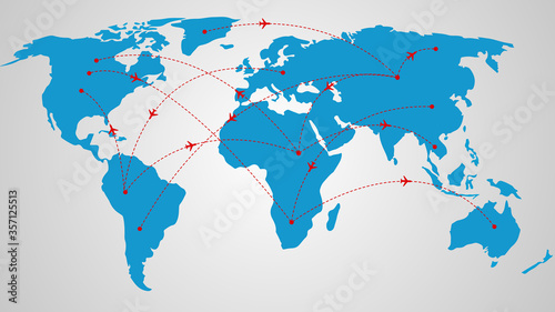 Top view world map showing flight routes around the world with red line and plane symbol  vector