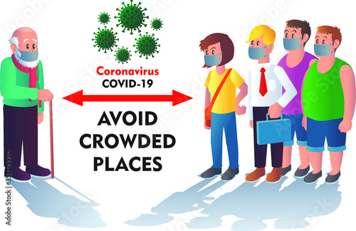 Physical distancing elderly man coronavirus. Social distancing group of people.